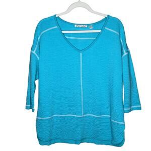 Sno Skins Seersucker Knit Boyfriend Top Turquoise Blue Size Medium
